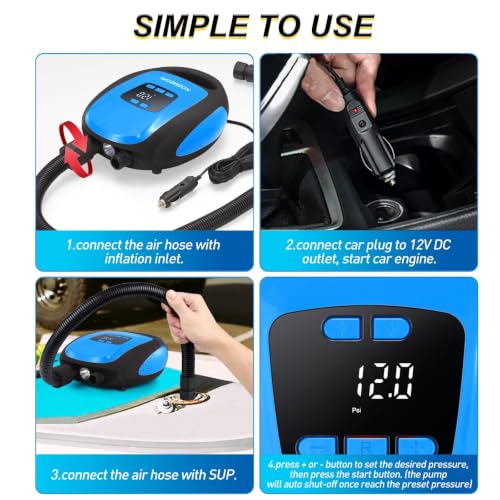 Paddle Board Pump Electric Portable, KOSMEGAL SUP Pump for Paddleboard, Professional 20PSI Air Compressor with Auto-Off, Deflation Function and 12V DC Car Connector for Inflatables, Kayaks and Boats