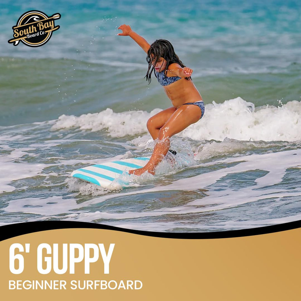South Bay Board Co. - 6' Guppy Beginner Surfboard - Safe Soft-Top - Best for Kids & Adults - Strong Triple Stringer - Leash & Safe-Edge Fins Included