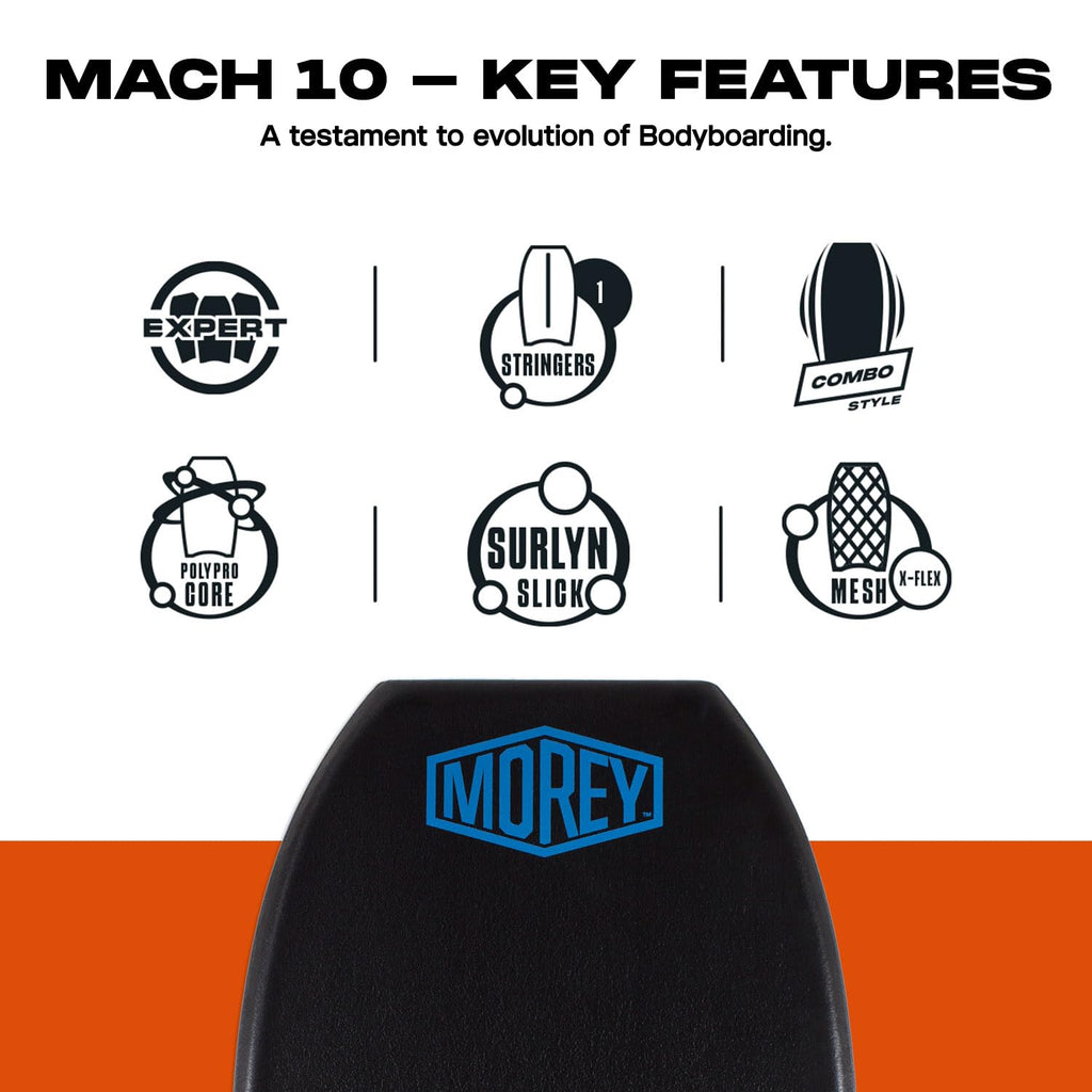 MOREY® Mach 10. Pro Series Bodyboard Built with Strong, Durable Core & Mesh, Slick Bottom for Speed & Crescent Tail (2025 Model)