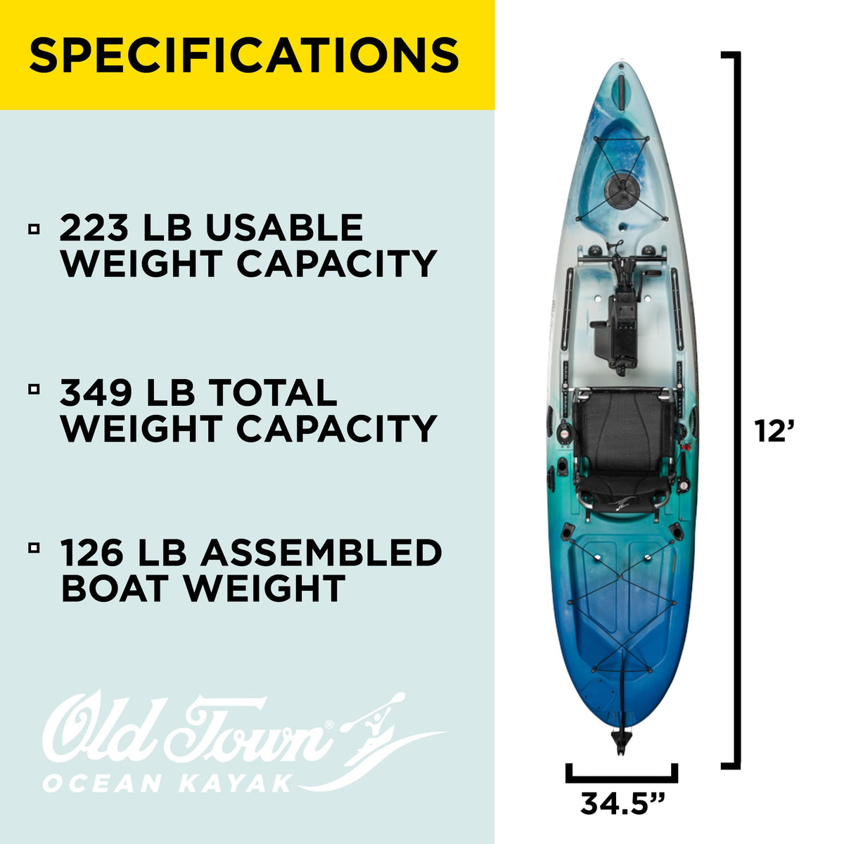 Old Town Ocean Kayak Malibu ePDL+ 120 Solo Sit-on-Top Recreational Pedal & Cruise Control Kayak, 12 ft
