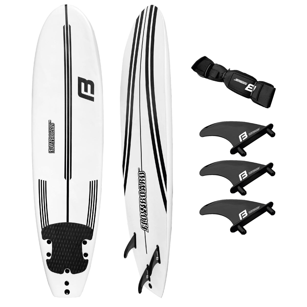 FLOWBOARD Surfboard Softboard Foam - Include (3) Fins 6’ Foot Leash and (2) Wood Stringers Inside Board Availalable in 6' and 7' Short Board and 8' Longboard