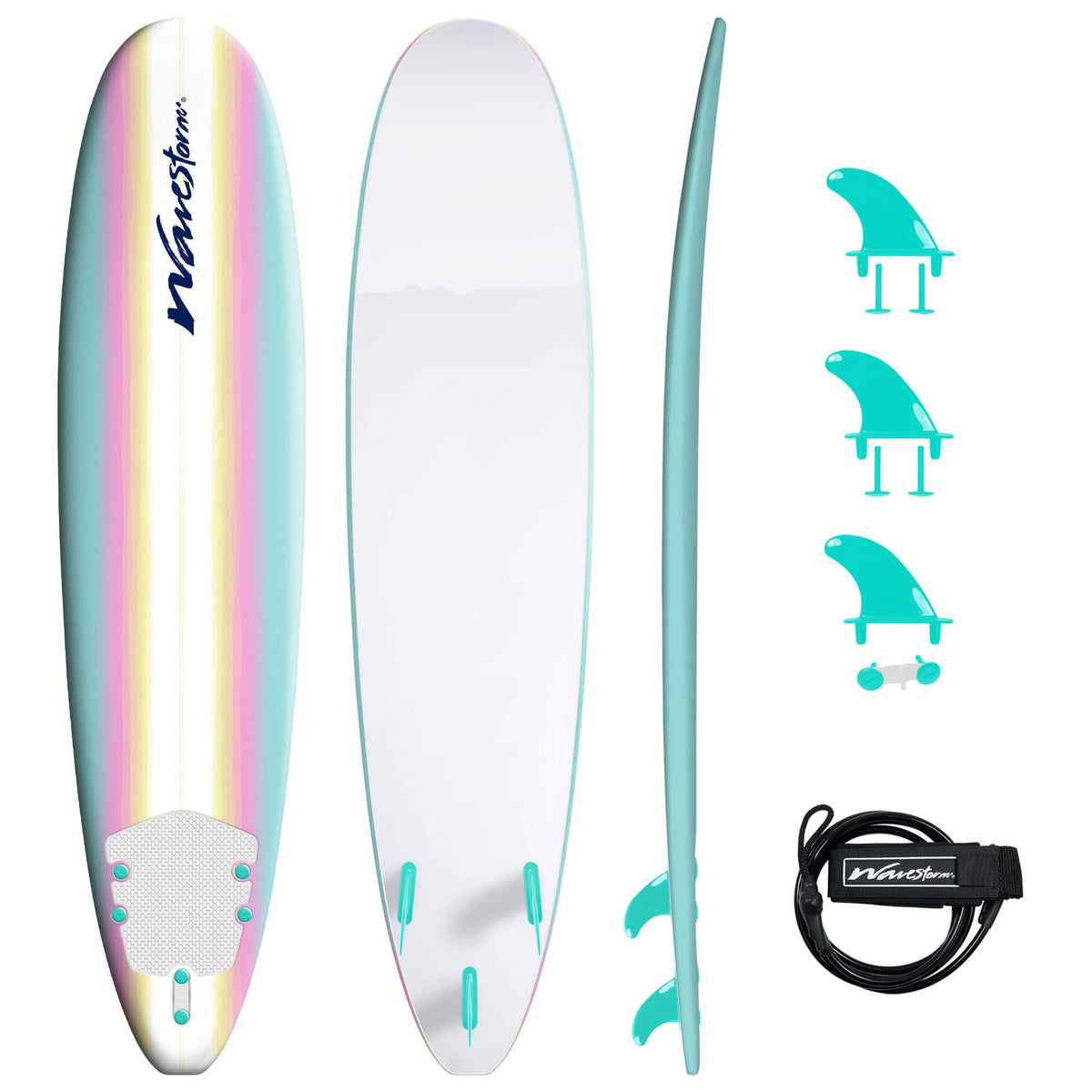 Wavestorm 8ft Classic Surfboard Bundle - Soft Top Foam Longboard and Accessories for Beginners and All Levels