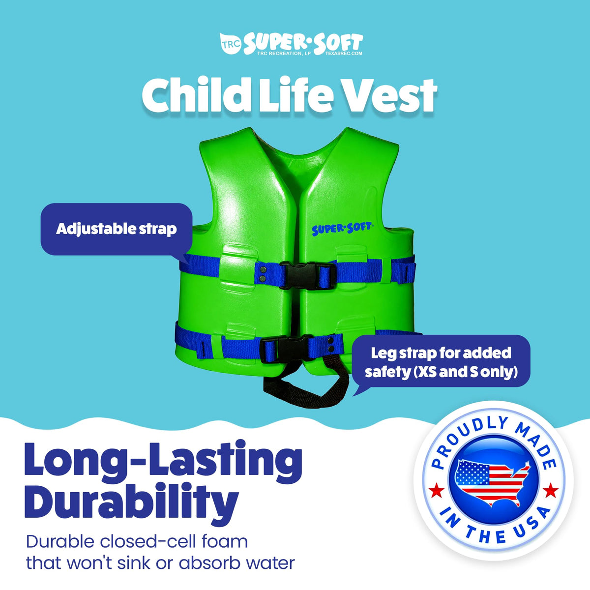 TRC Recreation Super Soft Child Life Jacket USCG Approved Vinyl Coated Foam Swim Vest for Kids Swimming Pool and Beach Gear