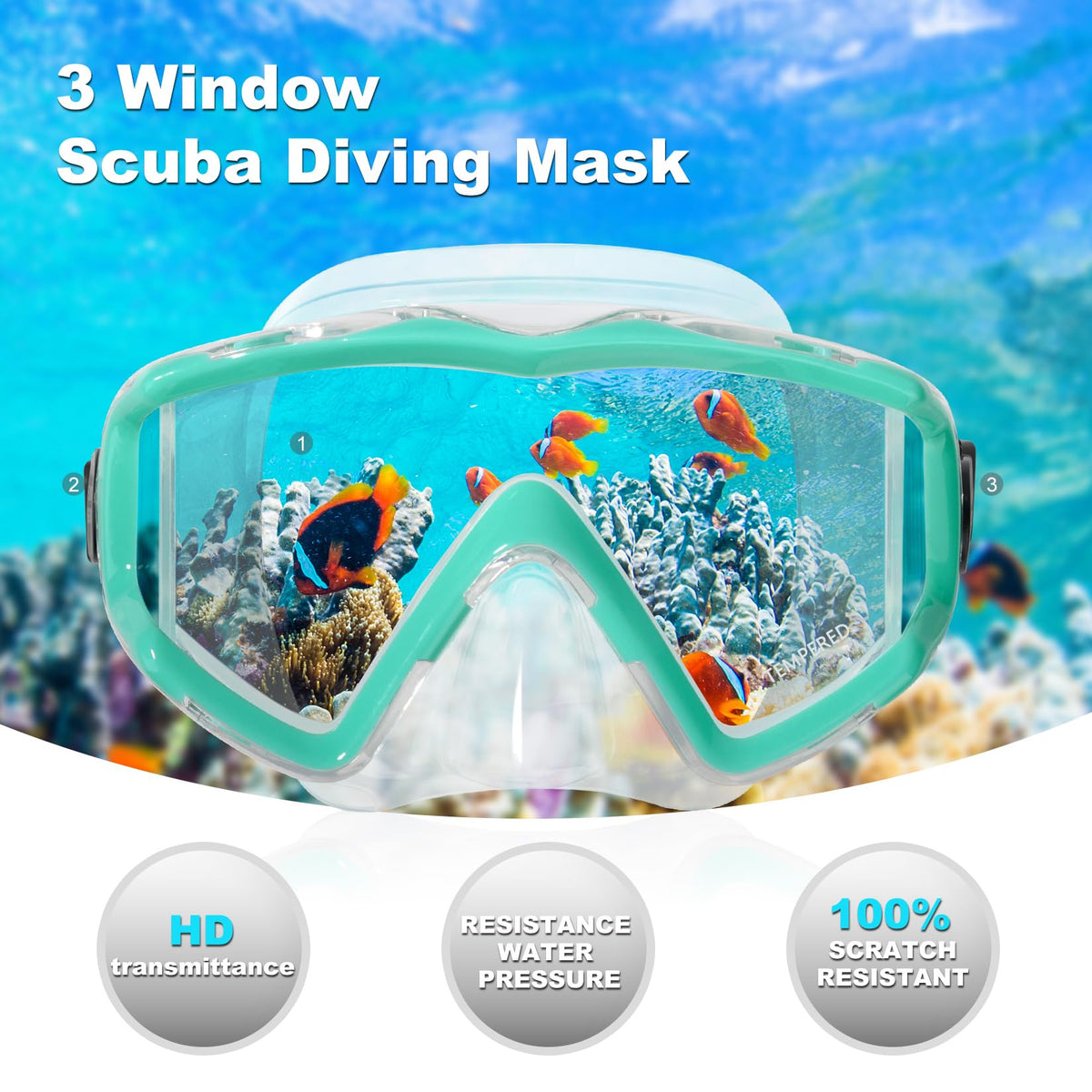 Adult Pano 3 Scuba Diving Mask, Tempered Glass Snorkel Mask Anti-Fog Swim Mask No Leakage Swim Goggles with Nose Cover Snorkeling Gear for Snorkeling, Freediving, Swimming
