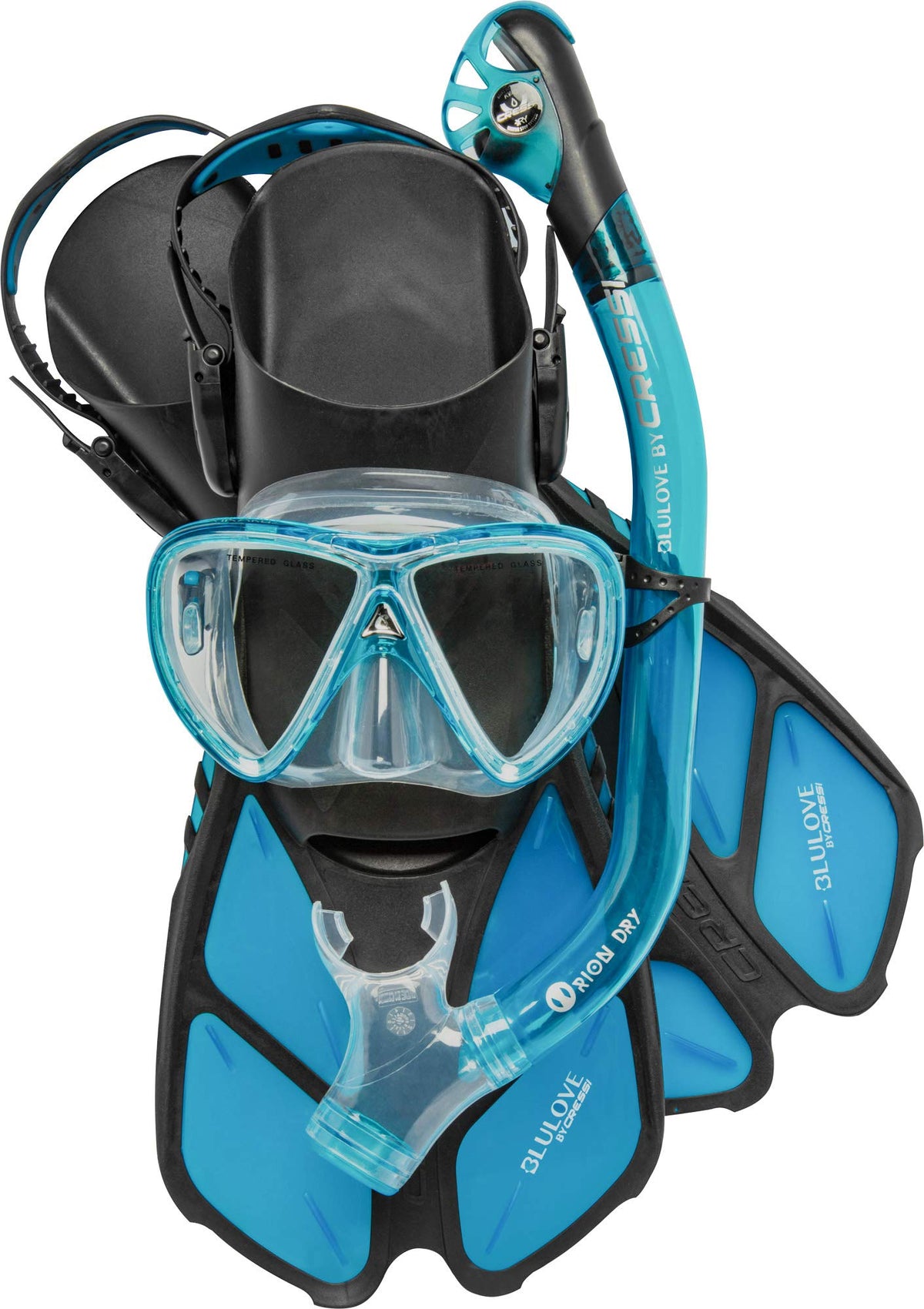 Cressi Adult Snorkel Set (Mask, Dry Snorkel, Adjustable Fins) - Light for Travel - Ocean Set: Designed in Italy