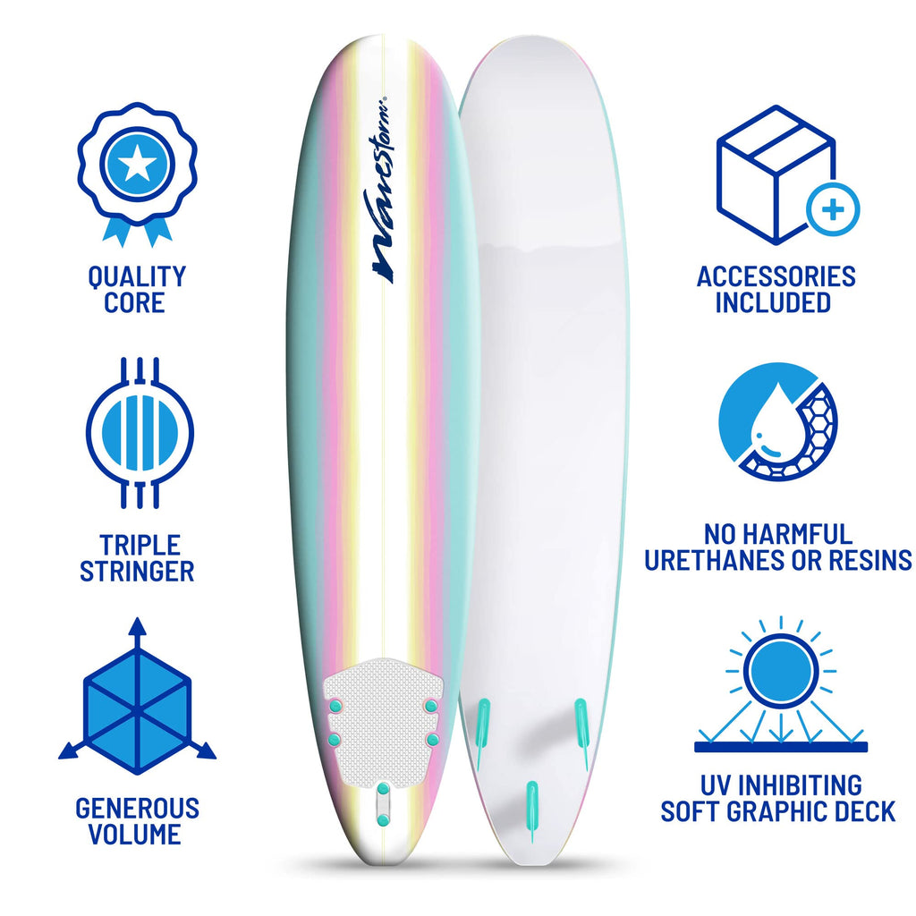 Wavestorm 8ft Classic Surfboard Bundle - Soft Top Foam Longboard and Accessories for Beginners and All Levels