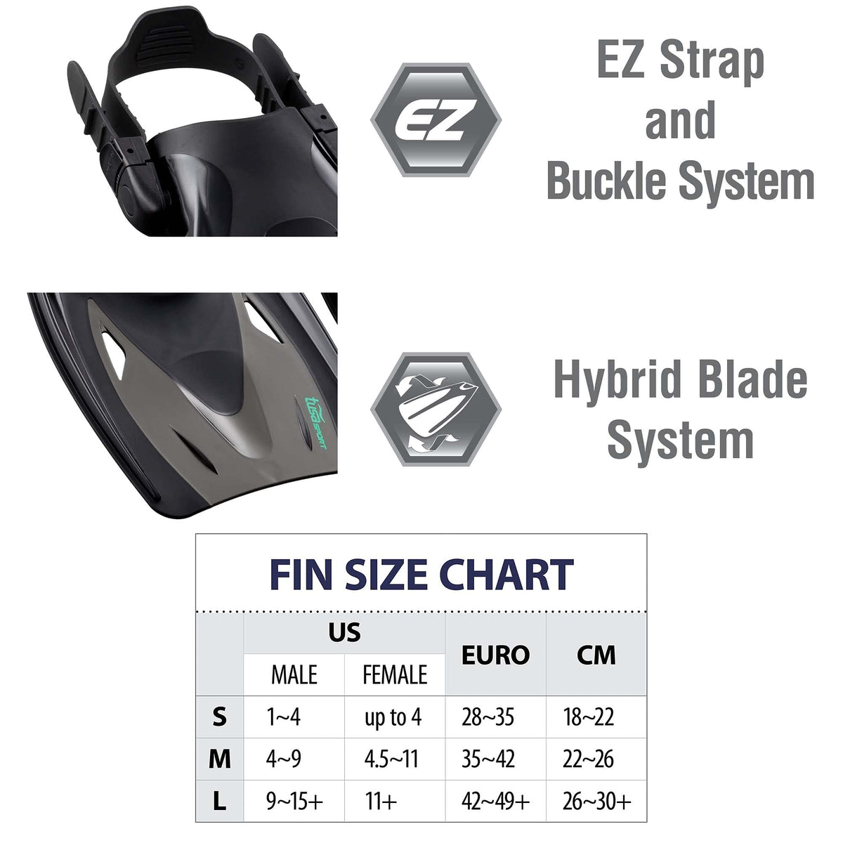 TUSA Sport Adult Powerview Mask, Dry Snorkel, and Fins Travel Set