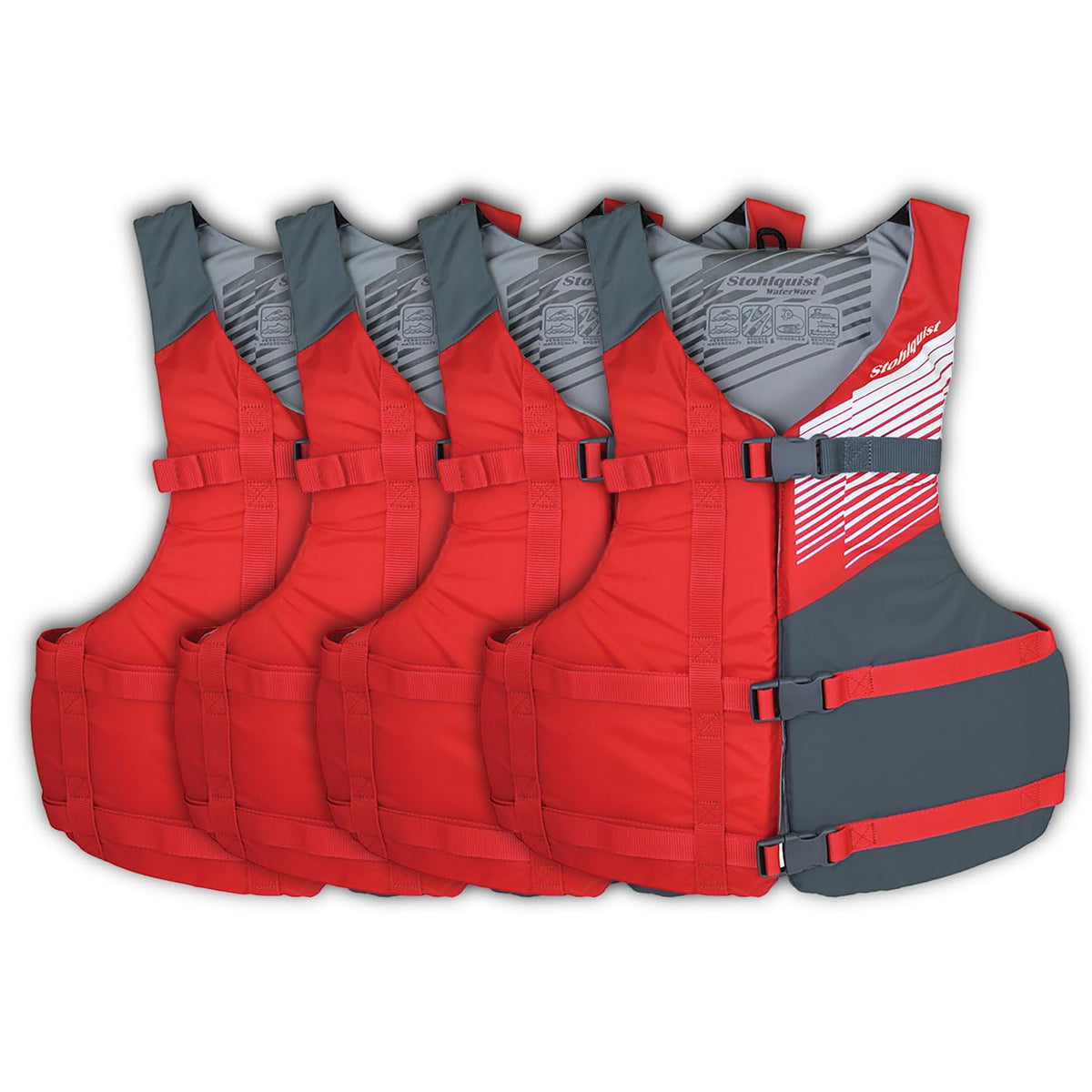Stohlquist Universal Fit Adult Life Jacket PFD (4 Pack) Coast Guard Approved, for Men and Women 90+ lbs, Lightweight Neoprene and Adjustable, Ideal for Boating, Kayaking & Water Sports