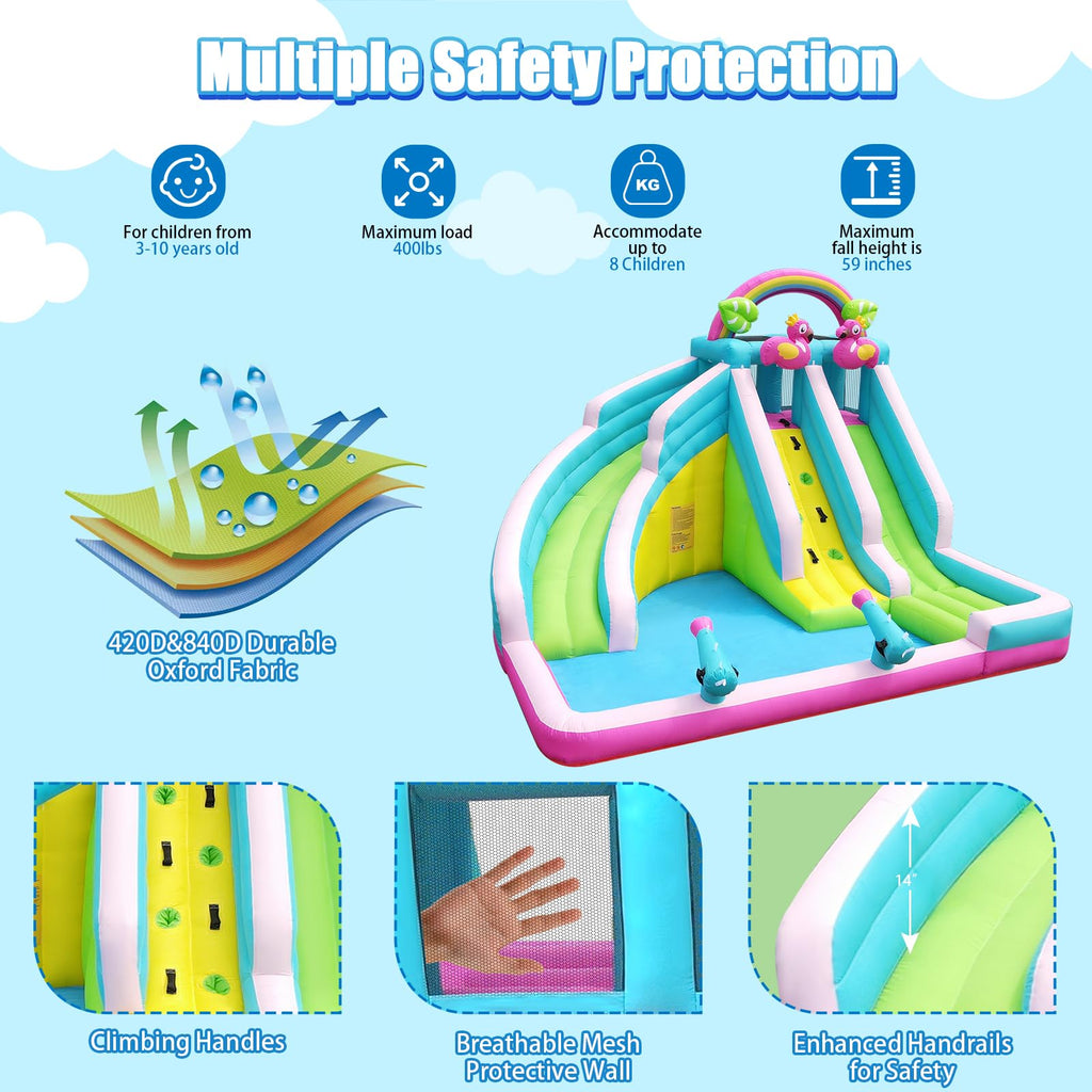 6-in-1 Flamingo Inflatable Water Slide Park with Dual Slides