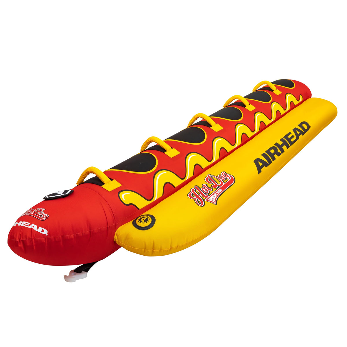 Airhead Hot Dog Towable Tube for Boating, 1-5 Rider Inflatable Boat Tube for Water Tubing, Full Nylon Cover, EVA Padding, Foam Padded Handles w/Neoprene Knuckle Guard, Speed Safety Valve