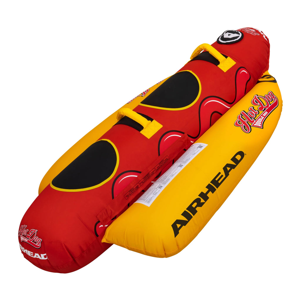 Airhead Hot Dog Towable Tube for Boating, 1-5 Rider Inflatable Boat Tube for Water Tubing, Full Nylon Cover, EVA Padding, Foam Padded Handles w/Neoprene Knuckle Guard, Speed Safety Valve