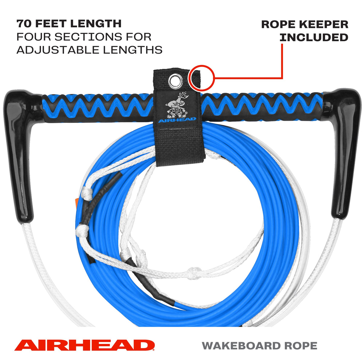 Airhead Dyneema Wakeboard Rope and Handle, No Stretch Tow Rope with EVA Grip, Multi Section Water Ski Wakeboarding Line for Boat Towables, 1,700 lb Break Strength, Up to 75 ft