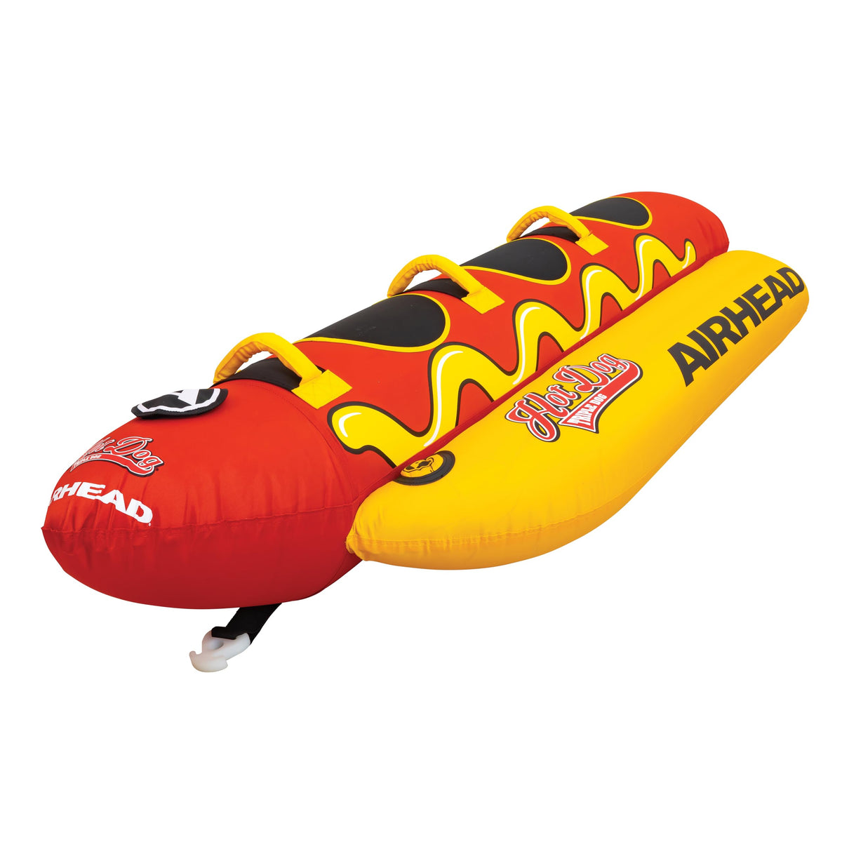 Airhead Hot Dog Towable Tube for Boating, 1-5 Rider Inflatable Boat Tube for Water Tubing, Full Nylon Cover, EVA Padding, Foam Padded Handles w/Neoprene Knuckle Guard, Speed Safety Valve
