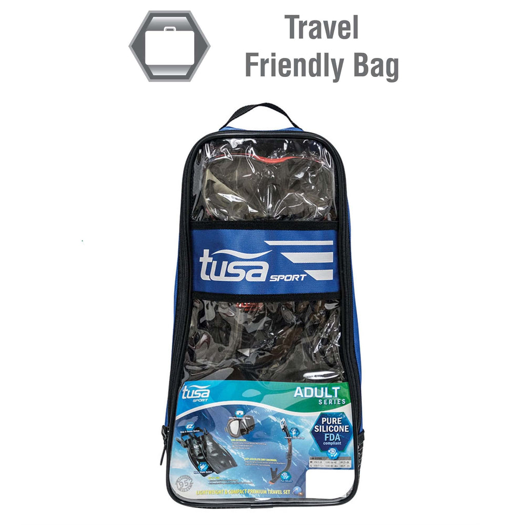 TUSA Sport Adult Powerview Mask, Dry Snorkel, and Fins Travel Set