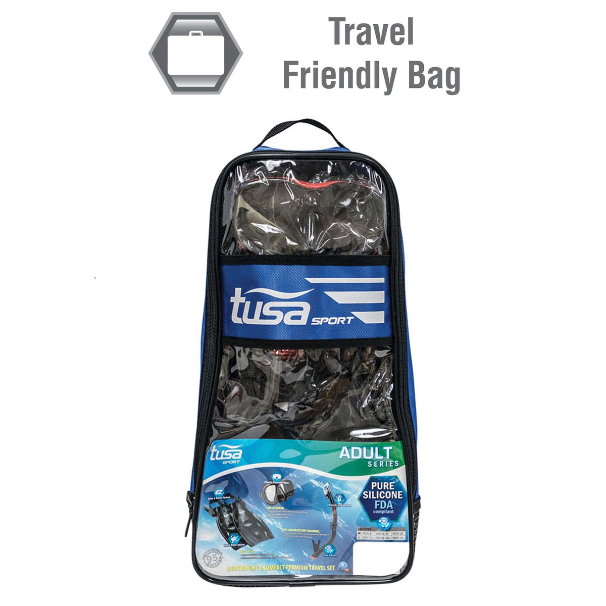 TUSA Sport Adult Powerview Mask, Dry Snorkel, and Fins Travel Set