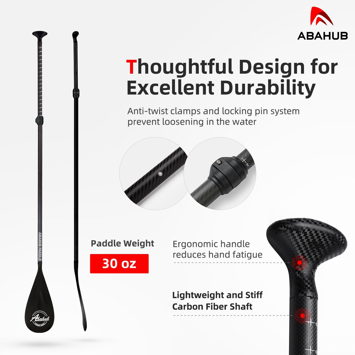 Abahub 3-Piece Carbon Fiber SUP Paddle,Adjustable 67-86" Lightweight with Bag