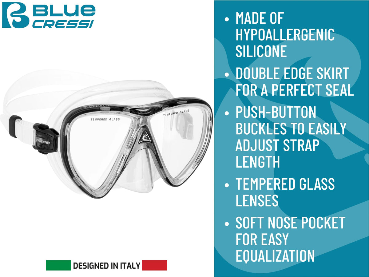Cressi Adult Snorkel Set (Mask, Dry Snorkel, Adjustable Fins) - Light for Travel - Ocean Set: Designed in Italy