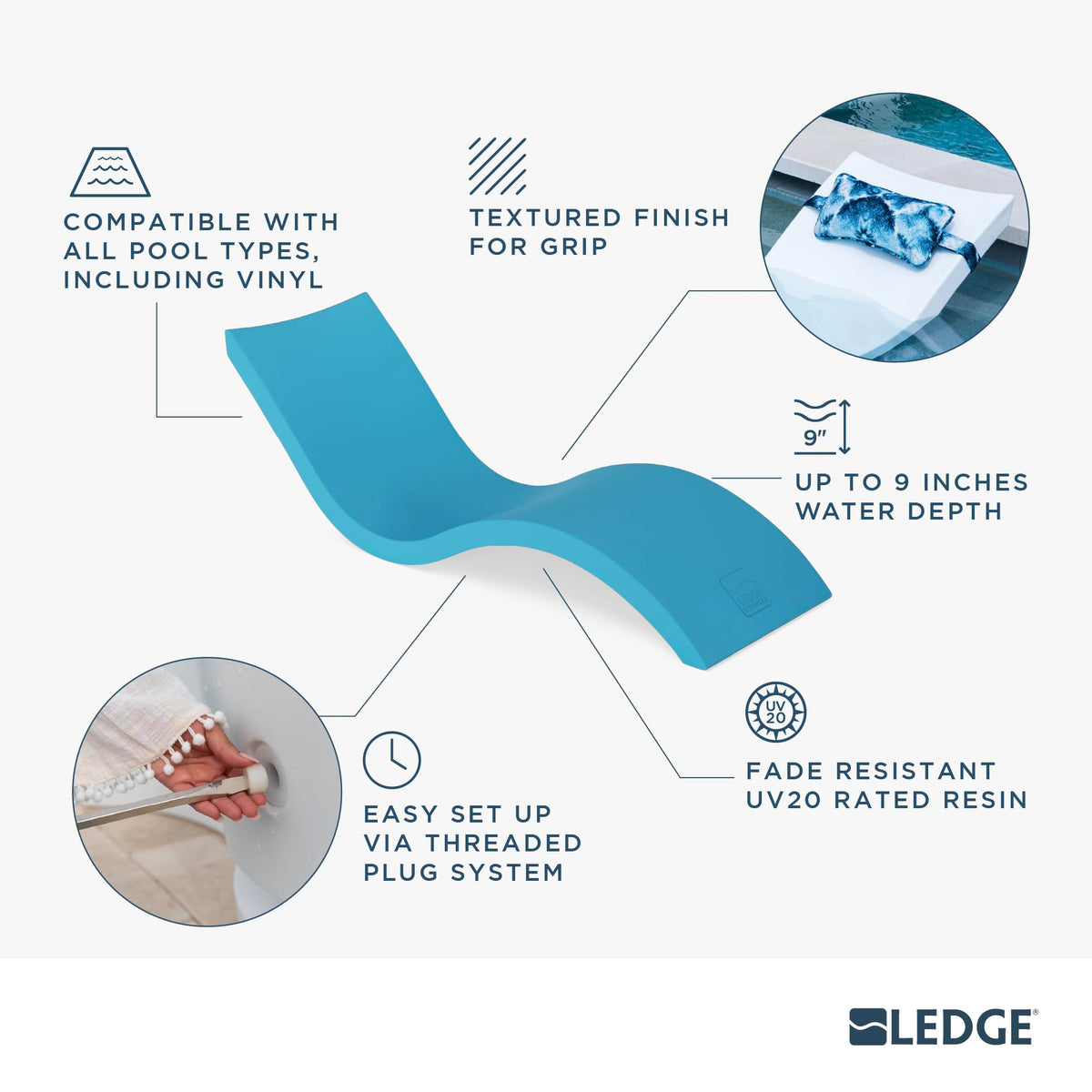 Ledge Lounger - Signature Chaise - Inside Pool & Sun Shelf Lounge Chair - Designed for Shallow Shelves Up to 9” - Compatible with All Pool Types - Poolside & Sun Deck Tanning - Set of 2