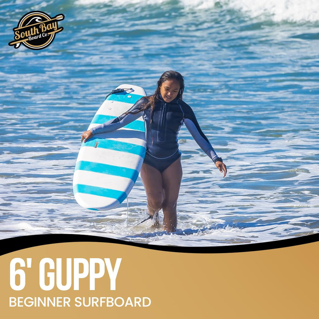 South Bay Board Co. - 6' Guppy Beginner Surfboard - Safe Soft-Top - Best for Kids & Adults - Strong Triple Stringer - Leash & Safe-Edge Fins Included