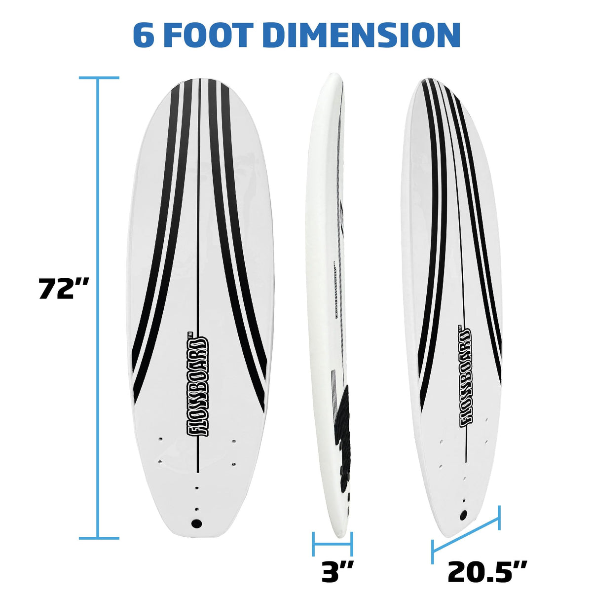 FLOWBOARD Surfboard Softboard Foam - Include (3) Fins 6’ Foot Leash and (2) Wood Stringers Inside Board Availalable in 6' and 7' Short Board and 8' Longboard