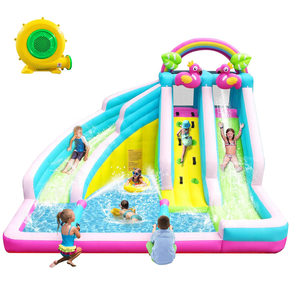 6-in-1 Flamingo Inflatable Water Slide Park with Dual Slides
