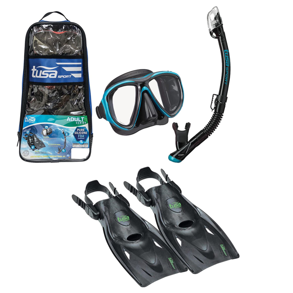 TUSA Sport Adult Powerview Mask, Dry Snorkel, and Fins Travel Set
