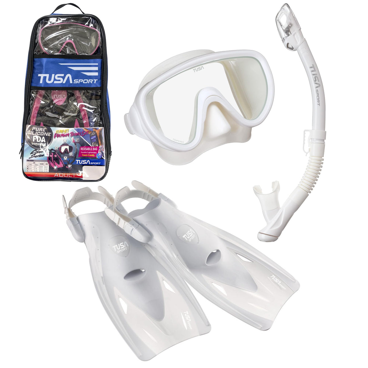 TUSA Sport Adult Serene Mask, Dry Snorkel, and Fins Travel Set