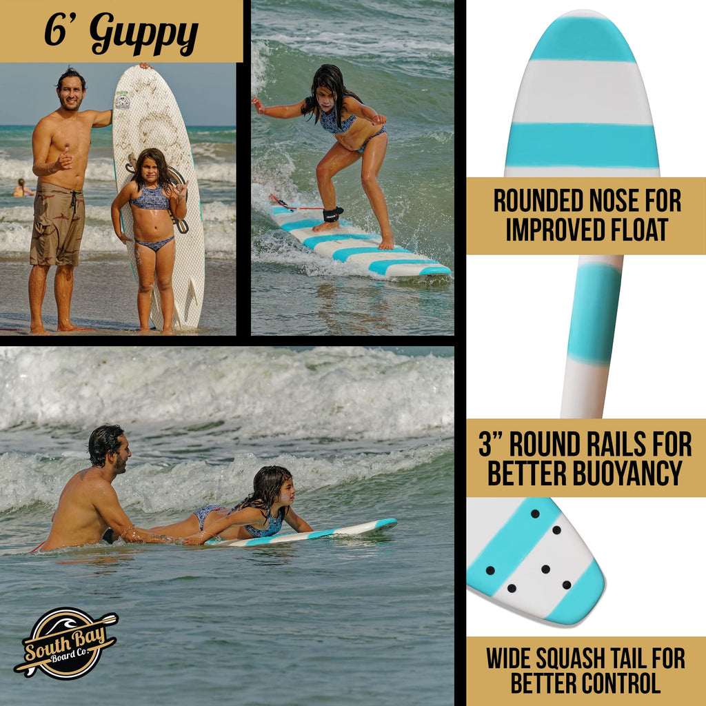 South Bay Board Co. - 6' Guppy Beginner Surfboard - Safe Soft-Top - Best for Kids & Adults - Strong Triple Stringer - Leash & Safe-Edge Fins Included
