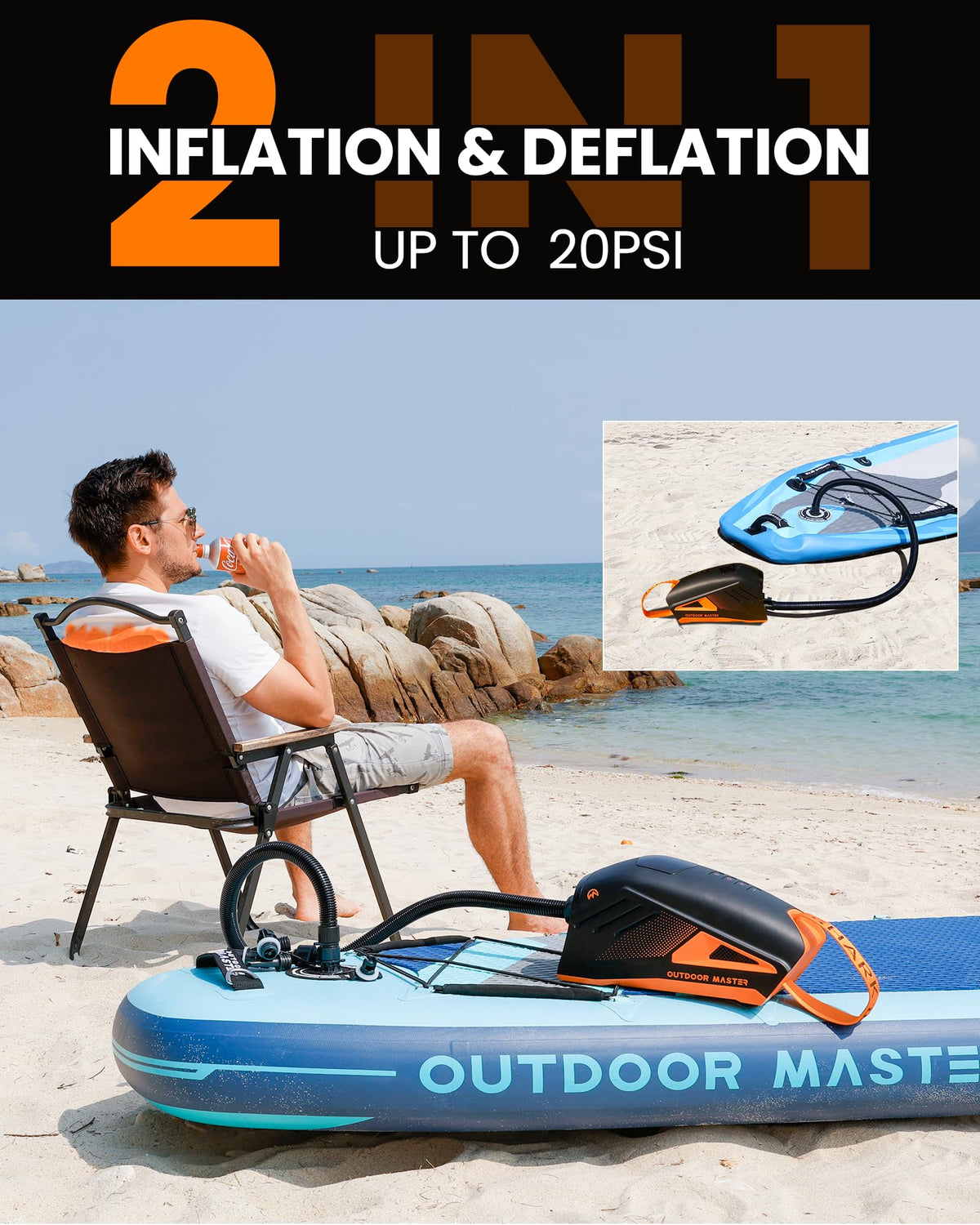 OutdoorMaster Shark 3 Paddle Board Pump Electric 74Wh- 3'50" Fast Inflation