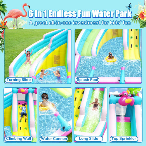 6-in-1 Flamingo Inflatable Water Slide Park with Dual Slides