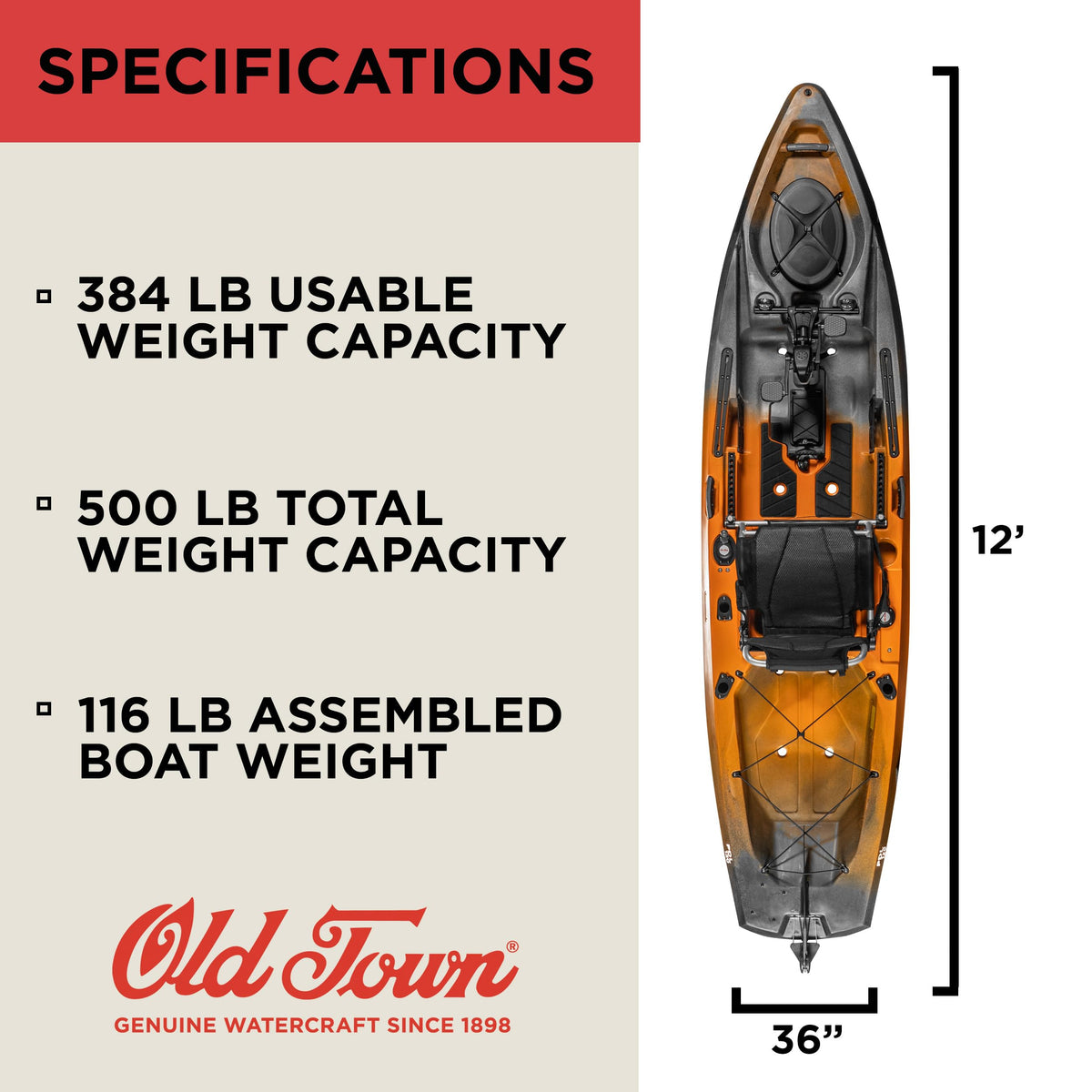 Old Town Sportsman PDL 120 Solo Sit-on-Top Fishing Pedal Kayak, 12 ft