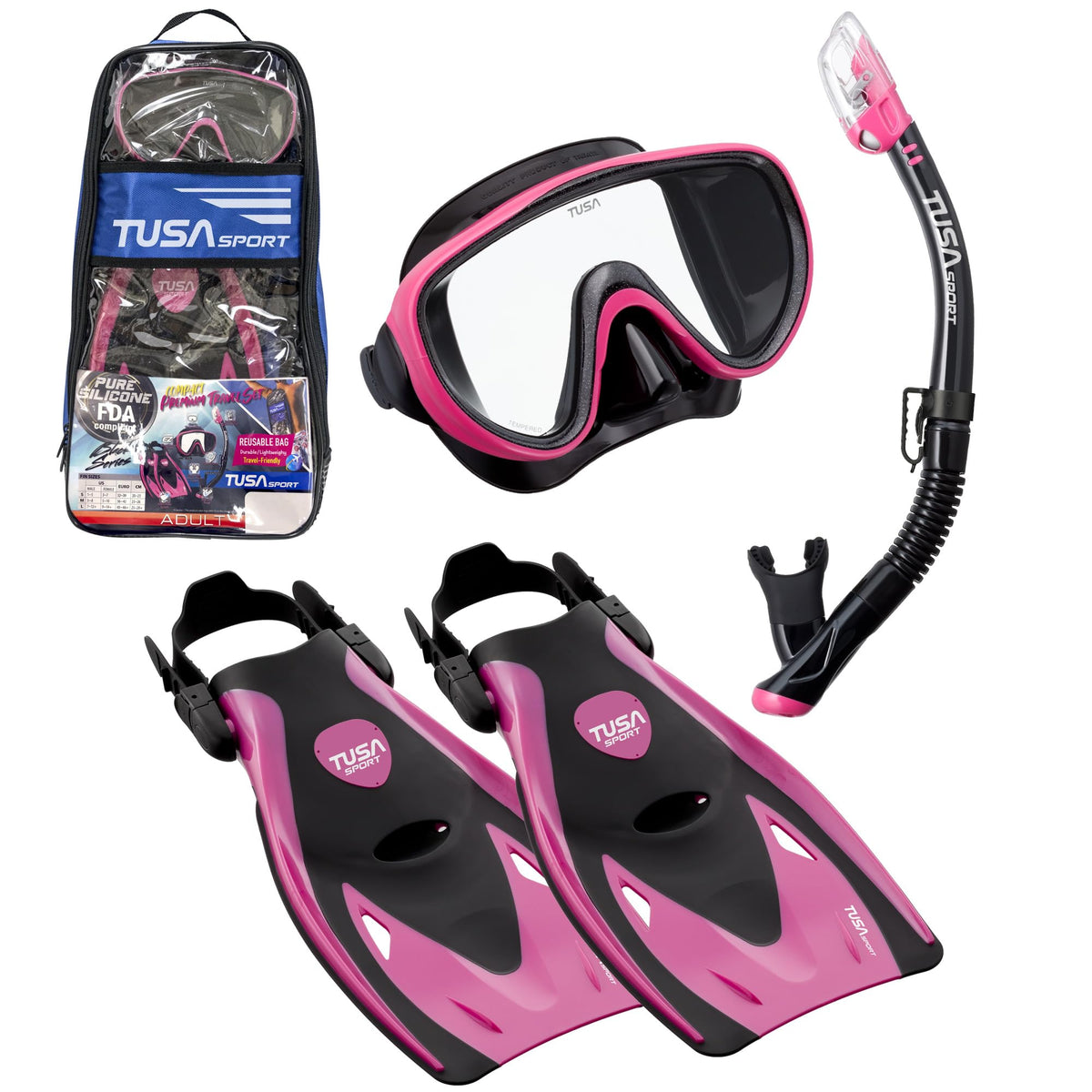 TUSA Sport Adult Serene Mask, Dry Snorkel, and Fins Travel Set