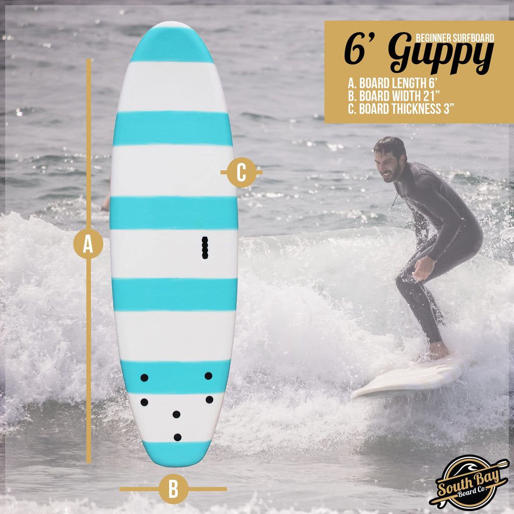 South Bay Board Co. - 6' Guppy Beginner Surfboard - Safe Soft-Top - Best for Kids & Adults - Strong Triple Stringer - Leash & Safe-Edge Fins Included