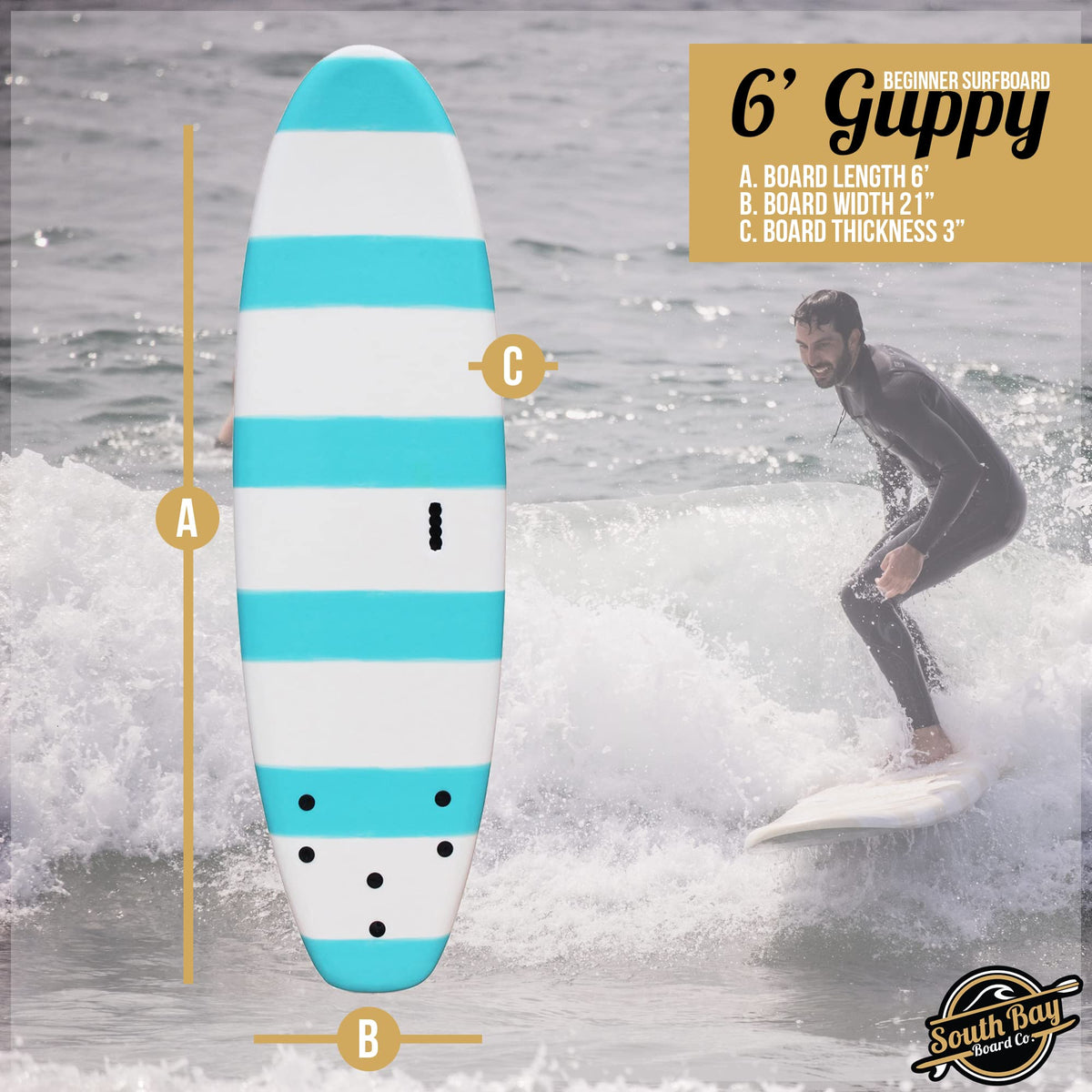 South Bay Board Co. - 6' Guppy Beginner Surfboard - Safe Soft-Top - Best for Kids & Adults - Strong Triple Stringer - Leash & Safe-Edge Fins Included