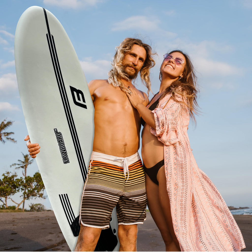 FLOWBOARD Surfboard Softboard Foam - Include (3) Fins 6’ Foot Leash and (2) Wood Stringers Inside Board Availalable in 6' and 7' Short Board and 8' Longboard