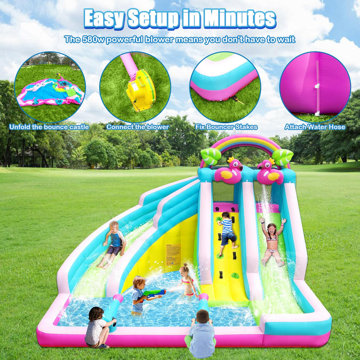 6-in-1 Flamingo Inflatable Water Slide Park with Dual Slides