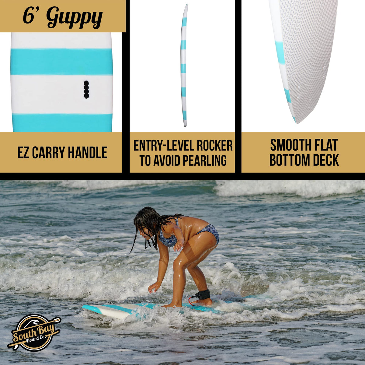 South Bay Board Co. - 6' Guppy Beginner Surfboard - Safe Soft-Top - Best for Kids & Adults - Strong Triple Stringer - Leash & Safe-Edge Fins Included