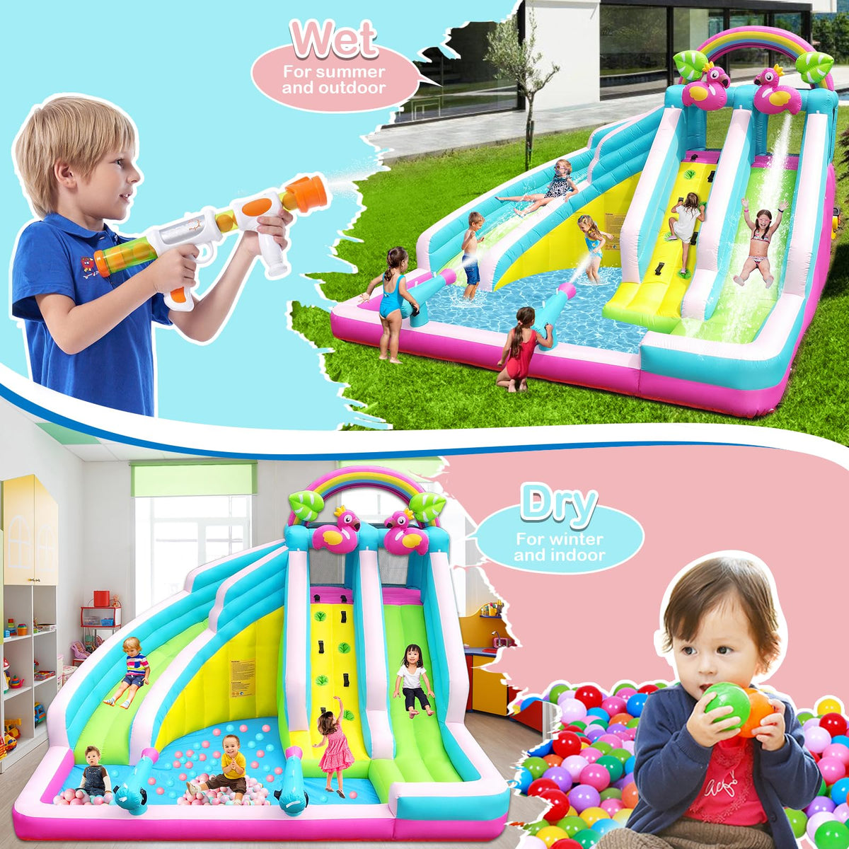6-in-1 Flamingo Inflatable Water Slide Park with Dual Slides