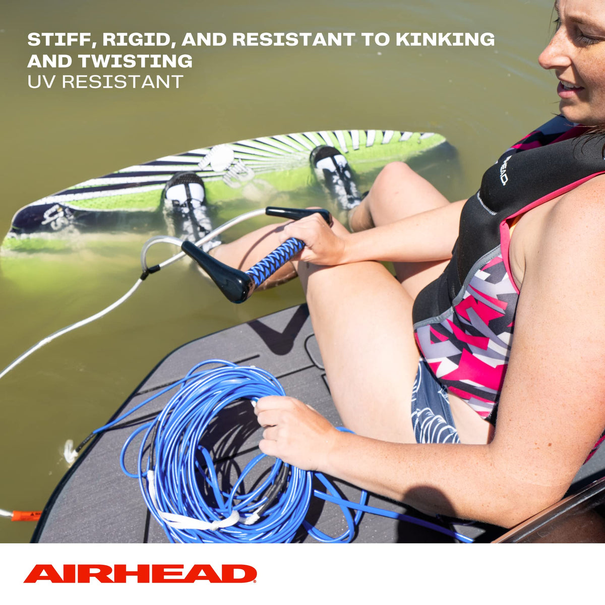 Airhead Dyneema Wakeboard Rope and Handle, No Stretch Tow Rope with EVA Grip, Multi Section Water Ski Wakeboarding Line for Boat Towables, 1,700 lb Break Strength, Up to 75 ft