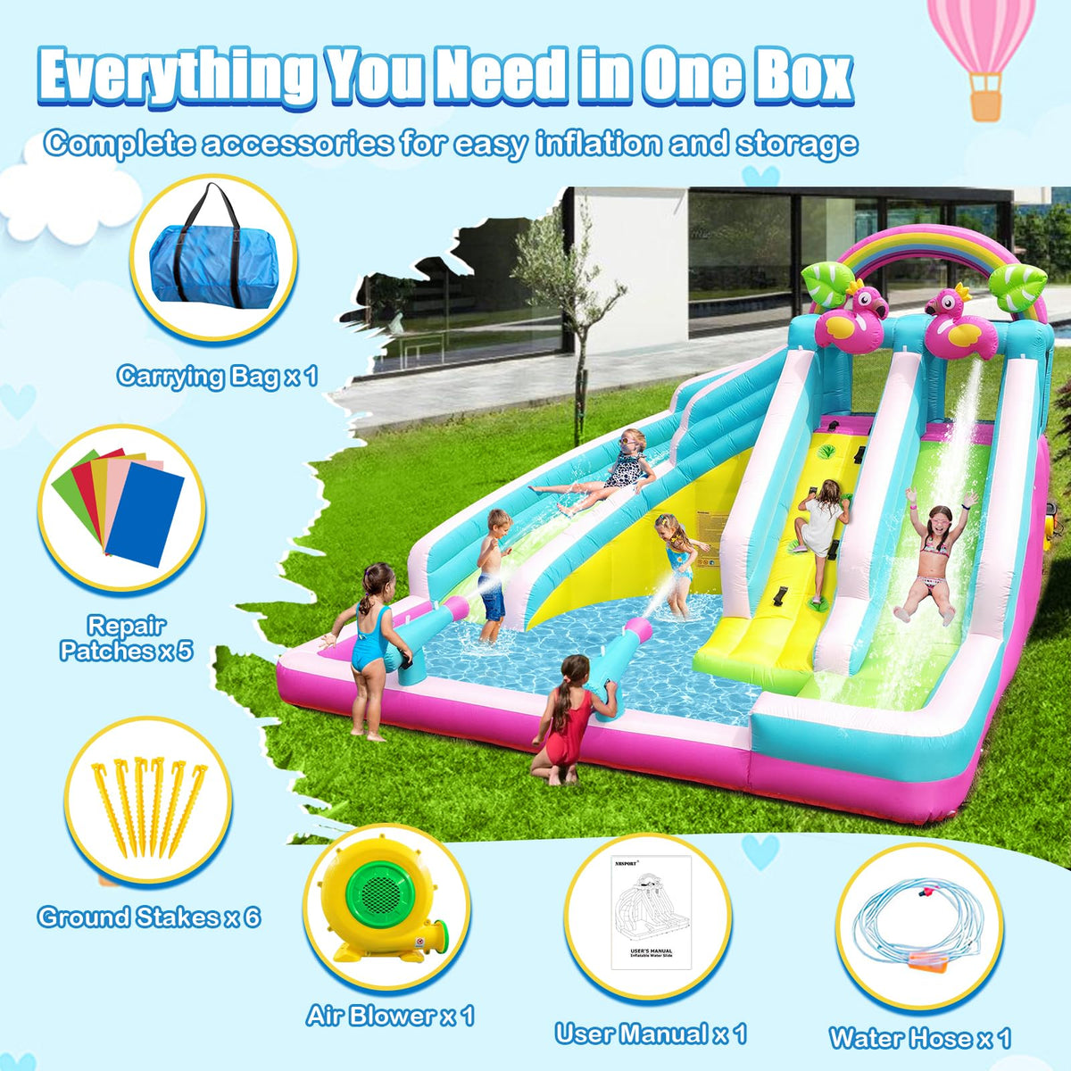 6-in-1 Flamingo Inflatable Water Slide Park with Dual Slides