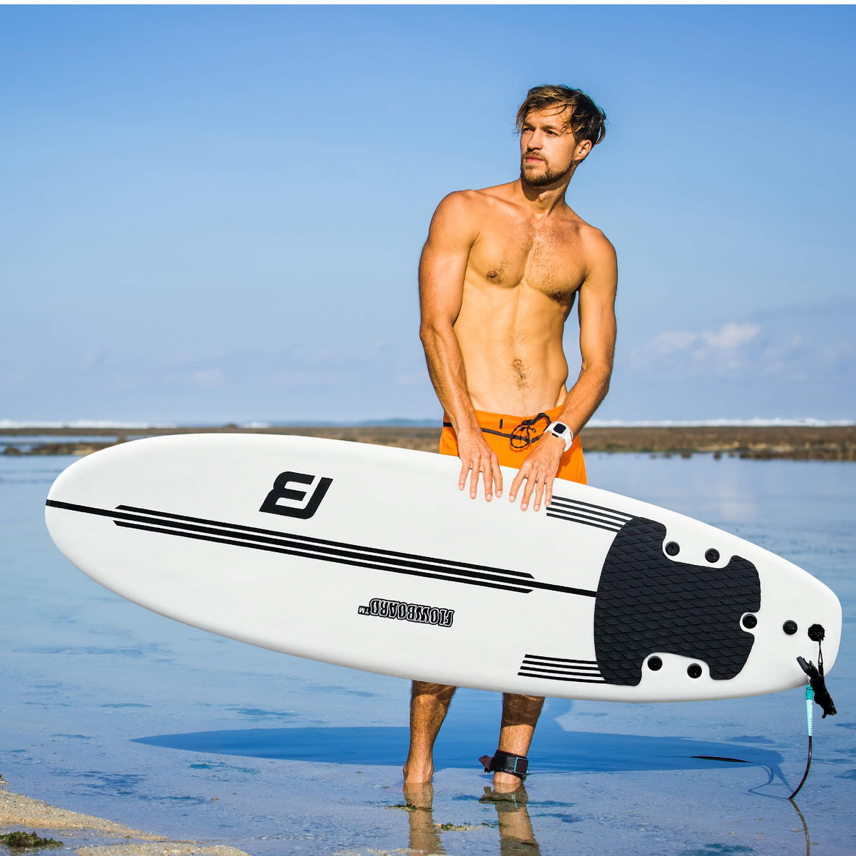 FLOWBOARD Surfboard Softboard Foam - Include (3) Fins 6’ Foot Leash and (2) Wood Stringers Inside Board Availalable in 6' and 7' Short Board and 8' Longboard