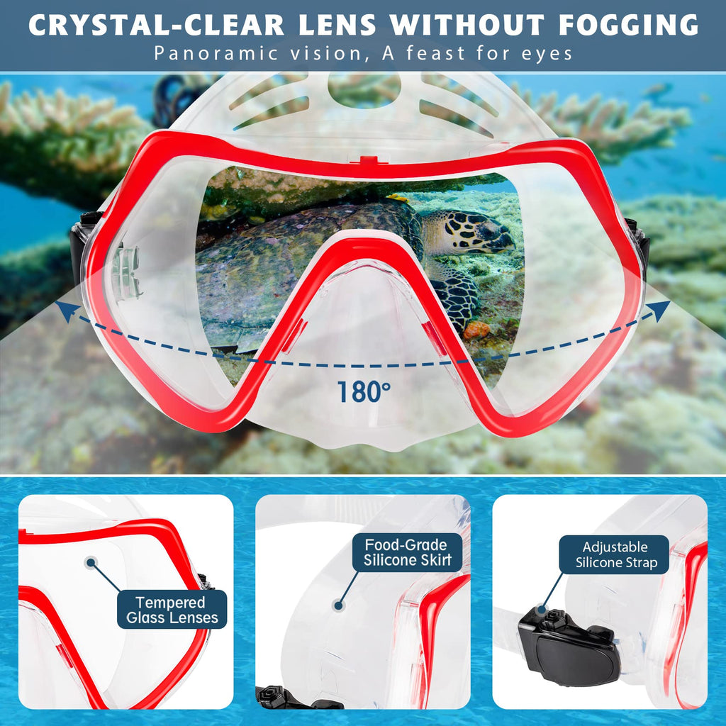 ZEEPORTE Mask Fin Snorkel Set with Adult Snorkeling Gear, Panoramic View Diving Mask, Trek Fin, Dry Top Snorkel +Travel Bags, Snorkel for Lap Swimming