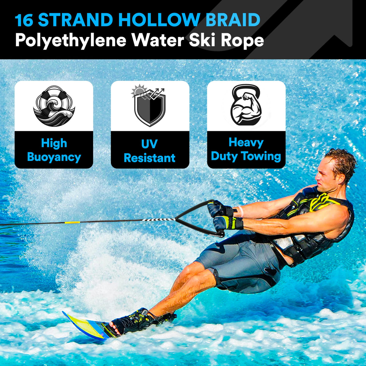 KRAKAFAT 75ft Water Ski Rope, Wakeboard Rope - 13" Floating Handle with NEW Superior No-Peel Seamless EVA Grip - 7 Sections - 1-2 Rider Tube Tow Rope for Tubing - Boat Tow Rope for Kneeboard
