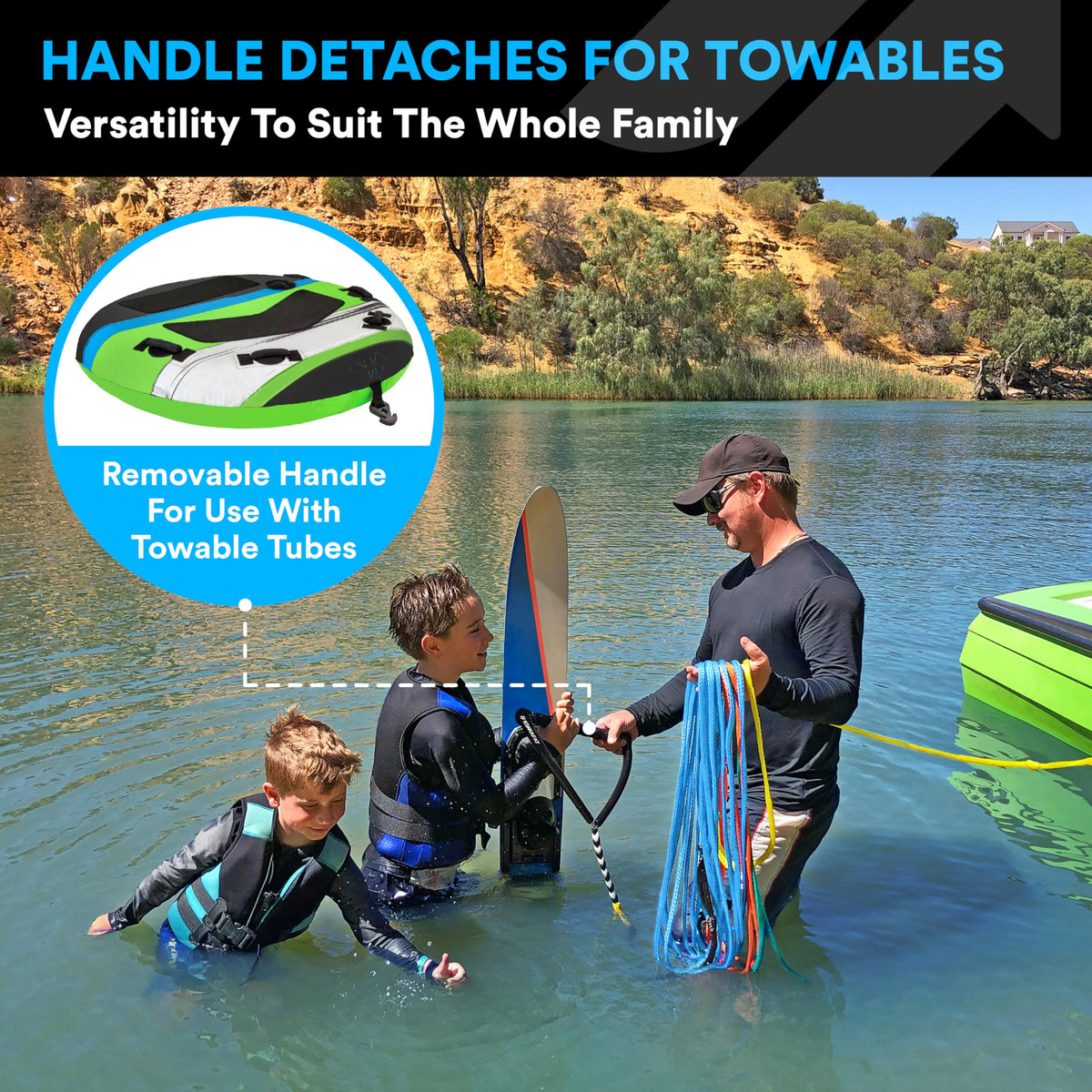KRAKAFAT 75ft Water Ski Rope, Wakeboard Rope - 13" Floating Handle with NEW Superior No-Peel Seamless EVA Grip - 7 Sections - 1-2 Rider Tube Tow Rope for Tubing - Boat Tow Rope for Kneeboard
