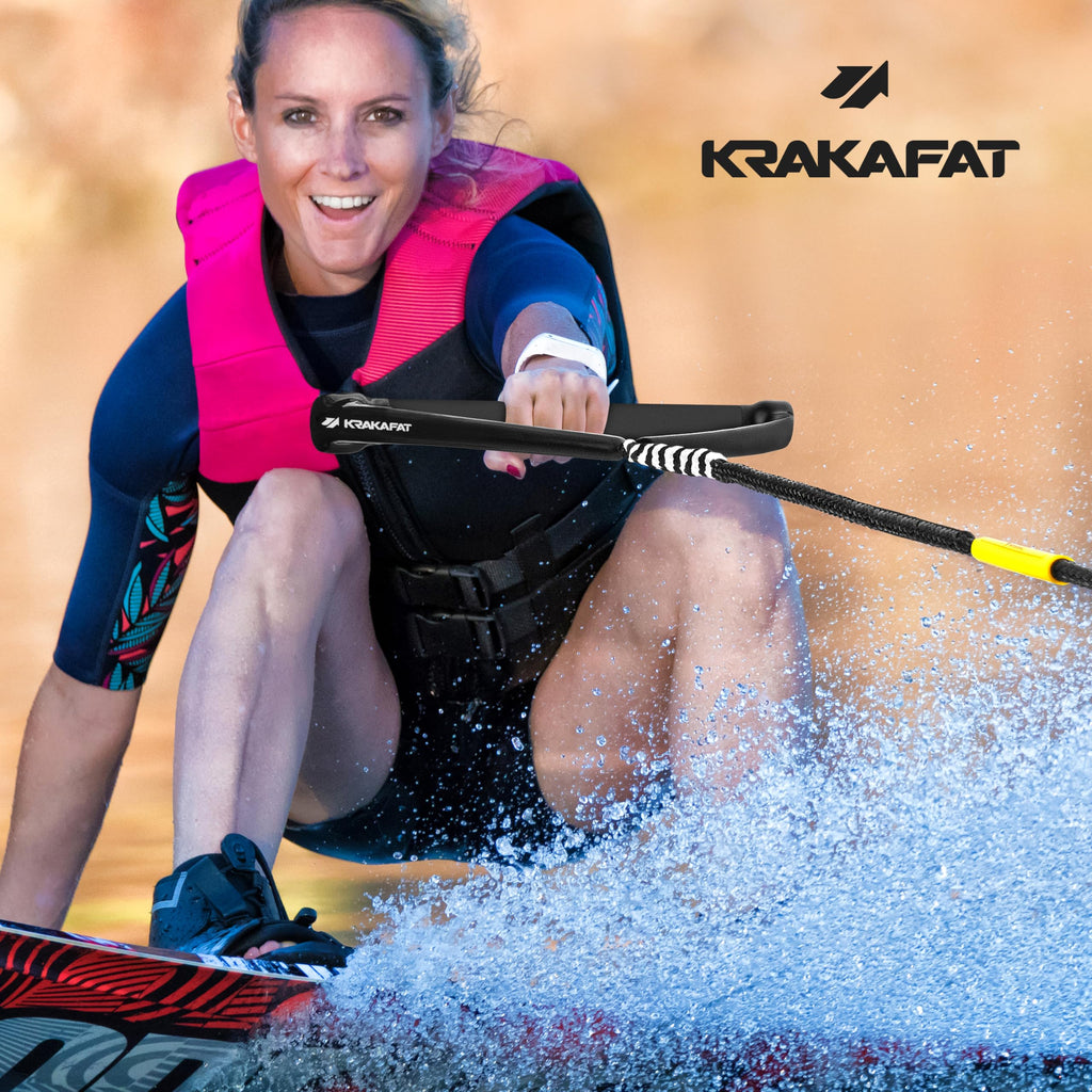 KRAKAFAT 75ft Water Ski Rope, Wakeboard Rope - 13" Floating Handle with NEW Superior No-Peel Seamless EVA Grip - 7 Sections - 1-2 Rider Tube Tow Rope for Tubing - Boat Tow Rope for Kneeboard