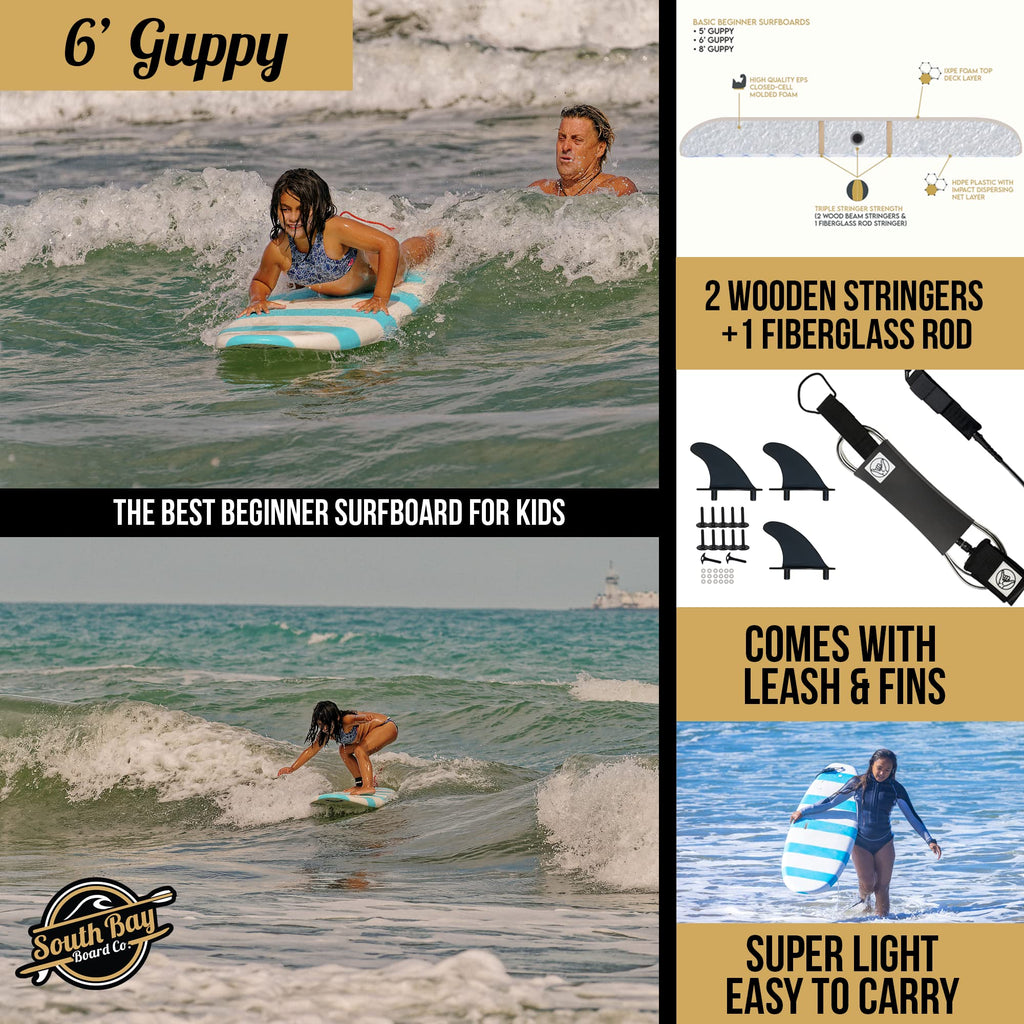 South Bay Board Co. - 6' Guppy Beginner Surfboard - Safe Soft-Top - Best for Kids & Adults - Strong Triple Stringer - Leash & Safe-Edge Fins Included