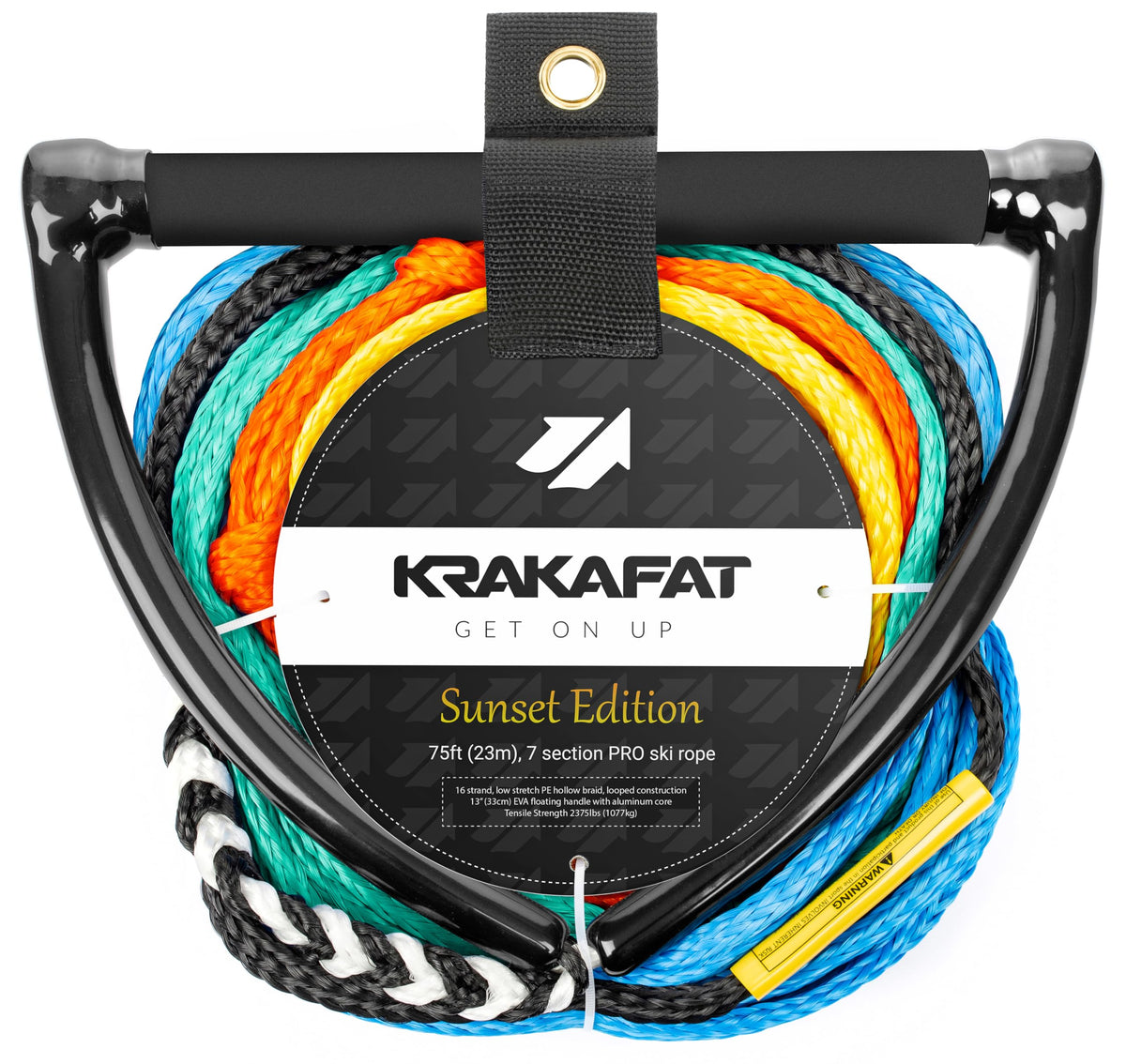 KRAKAFAT 75ft Water Ski Rope, Wakeboard Rope - 13" Floating Handle with NEW Superior No-Peel Seamless EVA Grip - 7 Sections - 1-2 Rider Tube Tow Rope for Tubing - Boat Tow Rope for Kneeboard