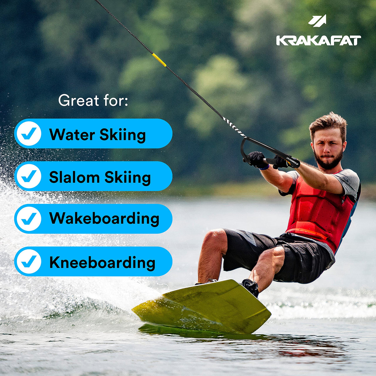 KRAKAFAT 75ft Water Ski Rope, Wakeboard Rope - 13" Floating Handle with NEW Superior No-Peel Seamless EVA Grip - 7 Sections - 1-2 Rider Tube Tow Rope for Tubing - Boat Tow Rope for Kneeboard